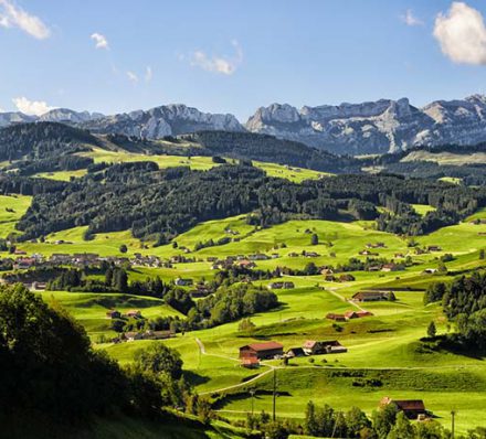 Beautiful and typical patchwork landscape in Appenzell, Switzerland