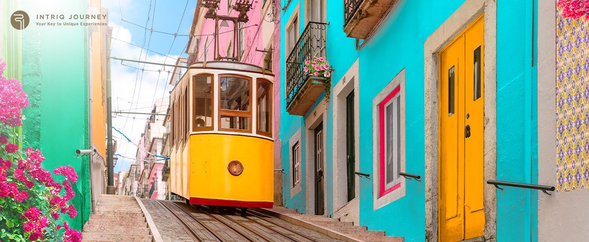 Yellow vintage tram on a colorful Lisbon hidden street.