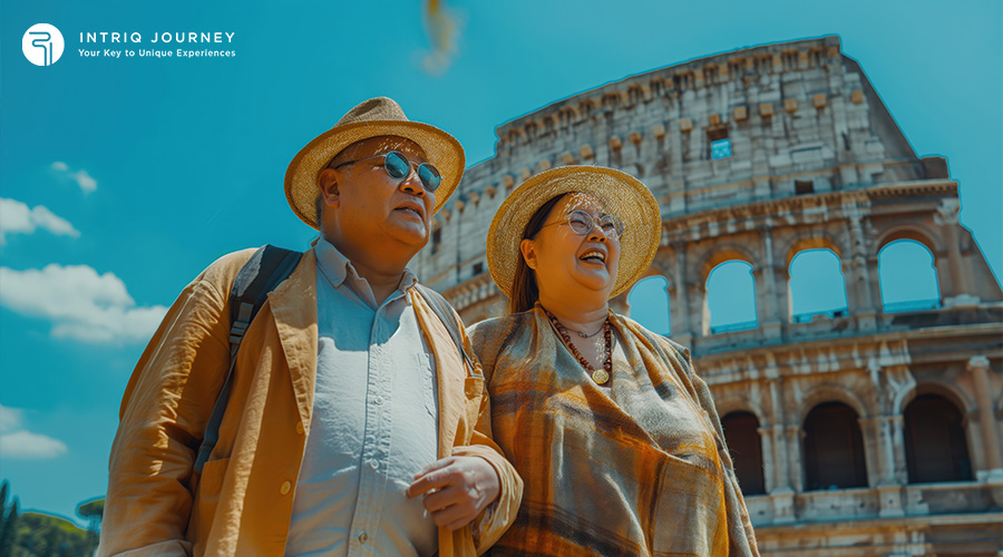 Senior couple in hats exploring the Colosseum in Rome.