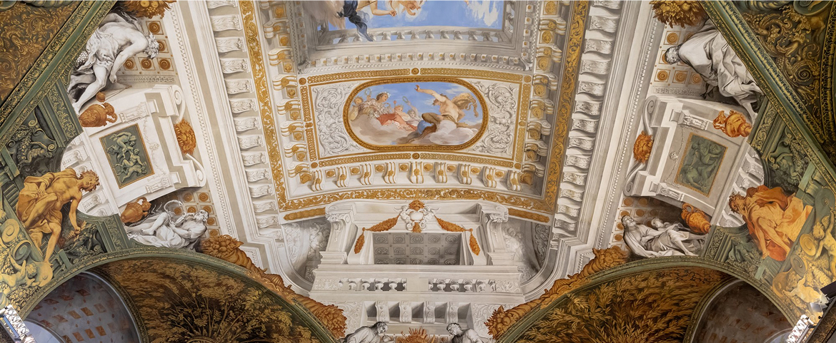 Ornate Renaissance frescoes on the ceiling of Palazzo Pitti.
